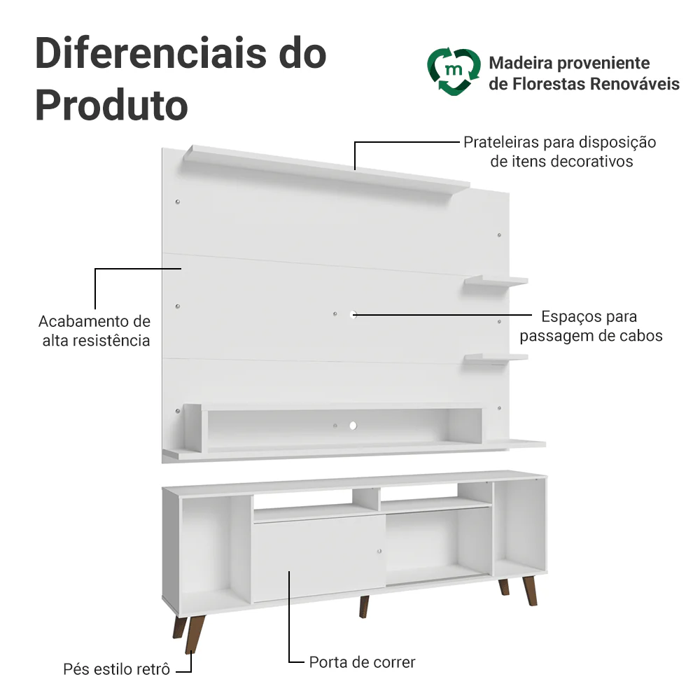Rack com Painel para TV até 60 Polegadas 180 cm com Pés Branco/Rustic Cancun Madesa - Image 4