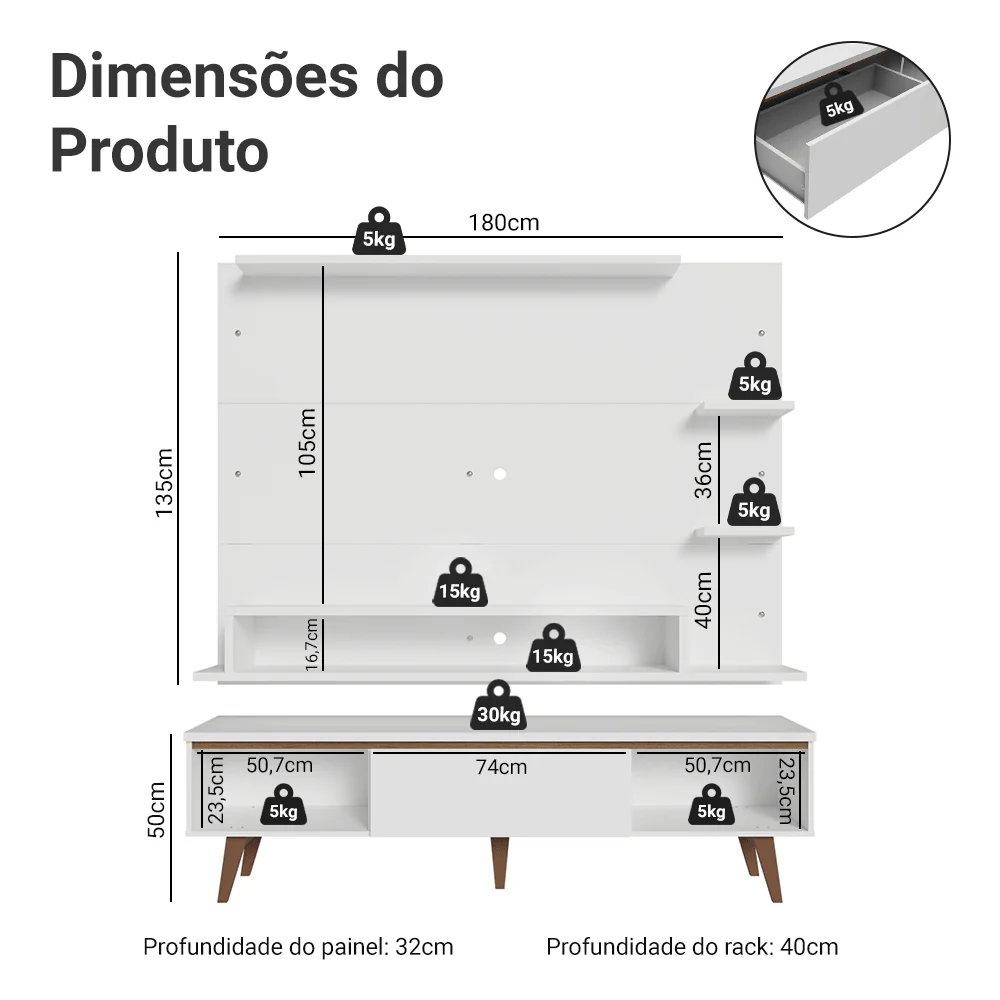 Rack com Painel para TV até 60 Polegadas 180 cm com Pés Branco/Rustic Reims Madesa - Image 3