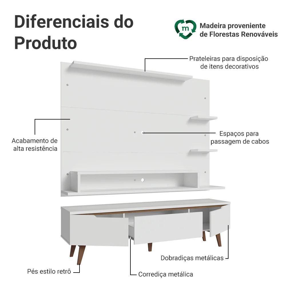 Rack com Painel para TV até 60 Polegadas 180 cm com Pés Branco/Rustic Reims Madesa - Image 4