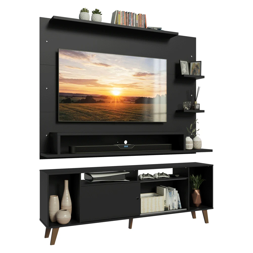 Rack com Painel para TV até 60 Polegadas 180 cm com Pés Preto/Rustic Cancun Madesa - Image 2