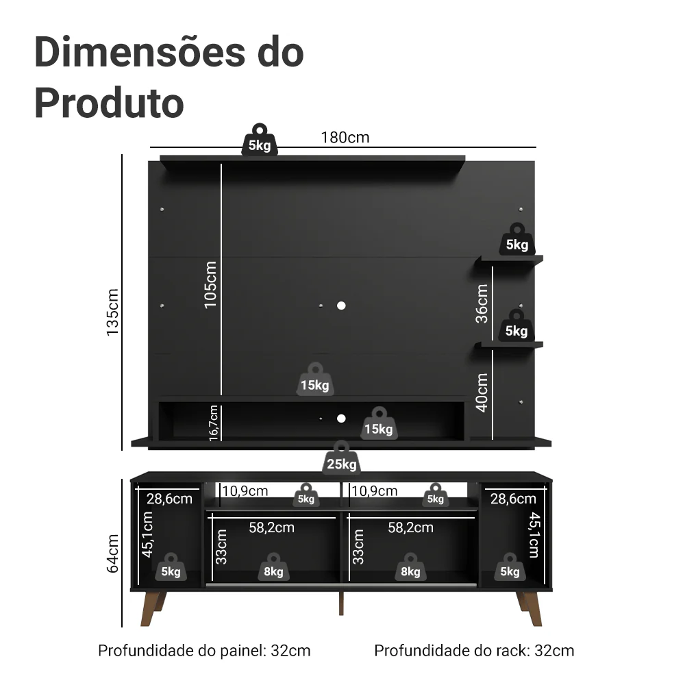 Rack com Painel para TV até 60 Polegadas 180 cm com Pés Preto/Rustic Cancun Madesa - Image 3