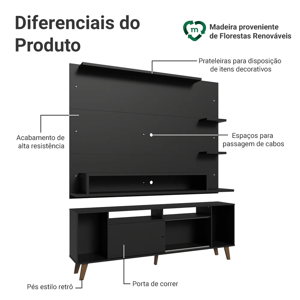 Rack com Painel para TV até 60 Polegadas 180 cm com Pés Preto/Rustic Cancun Madesa - Image 4