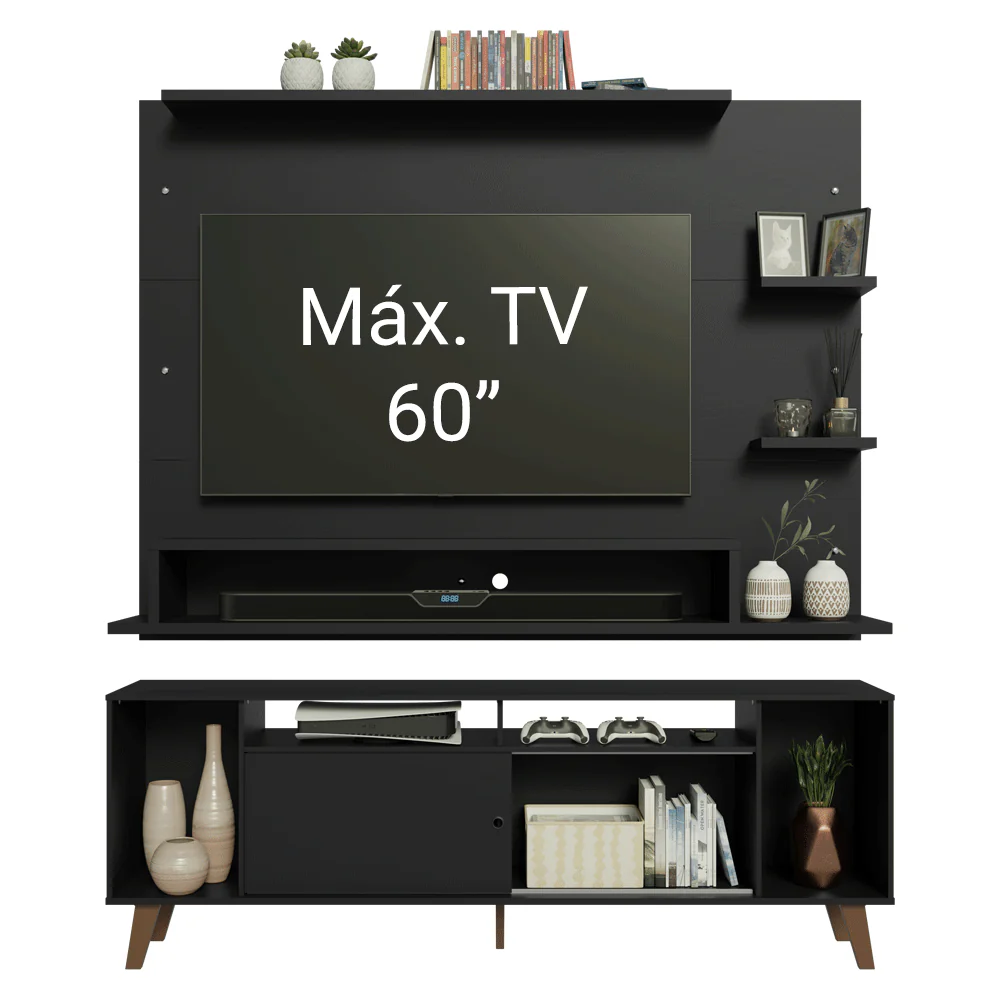 Rack com Painel para TV até 60 Polegadas 180 cm com Pés Preto/Rustic Cancun Madesa - Image 5