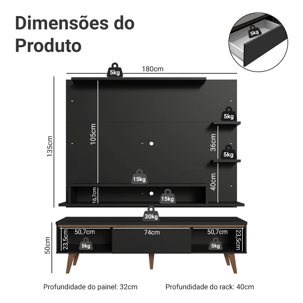 Rack com Painel para TV até 60 Polegadas 180 cm com Pés Preto/Rustic Reims Madesa - Image 3