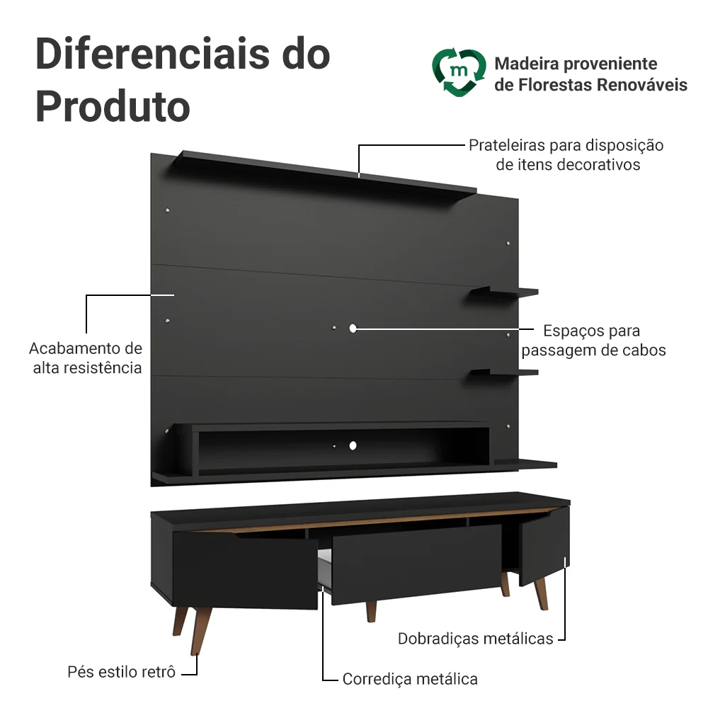 Rack com Painel para TV até 60 Polegadas 180 cm com Pés Preto/Rustic Reims Madesa - Image 4