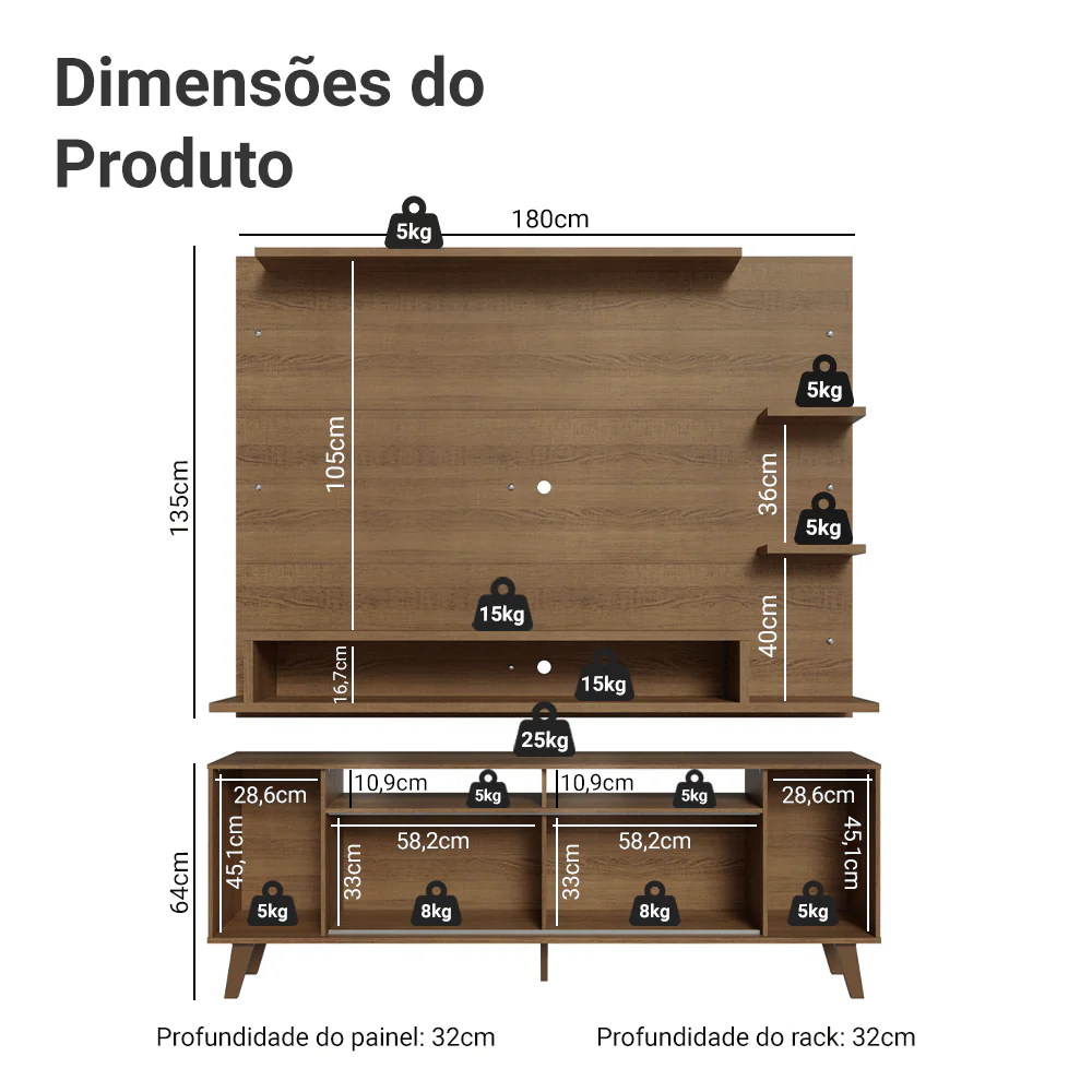 Rack com Painel para TV até 60 Polegadas 180 cm com Pés Rustic Cancun Madesa - Image 3