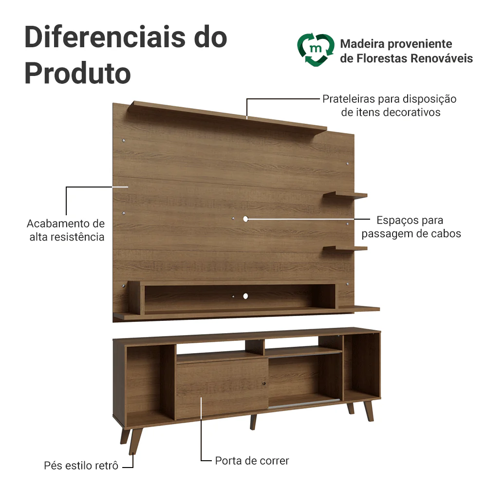 Rack com Painel para TV até 60 Polegadas 180 cm com Pés Rustic Cancun Madesa - Image 4
