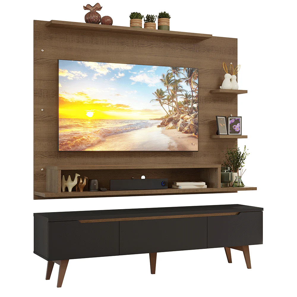 Rack com Painel para TV até 60 Polegadas 180 cm com Pés Rustic/Preto/Rustic Reims Madesa - Image 2