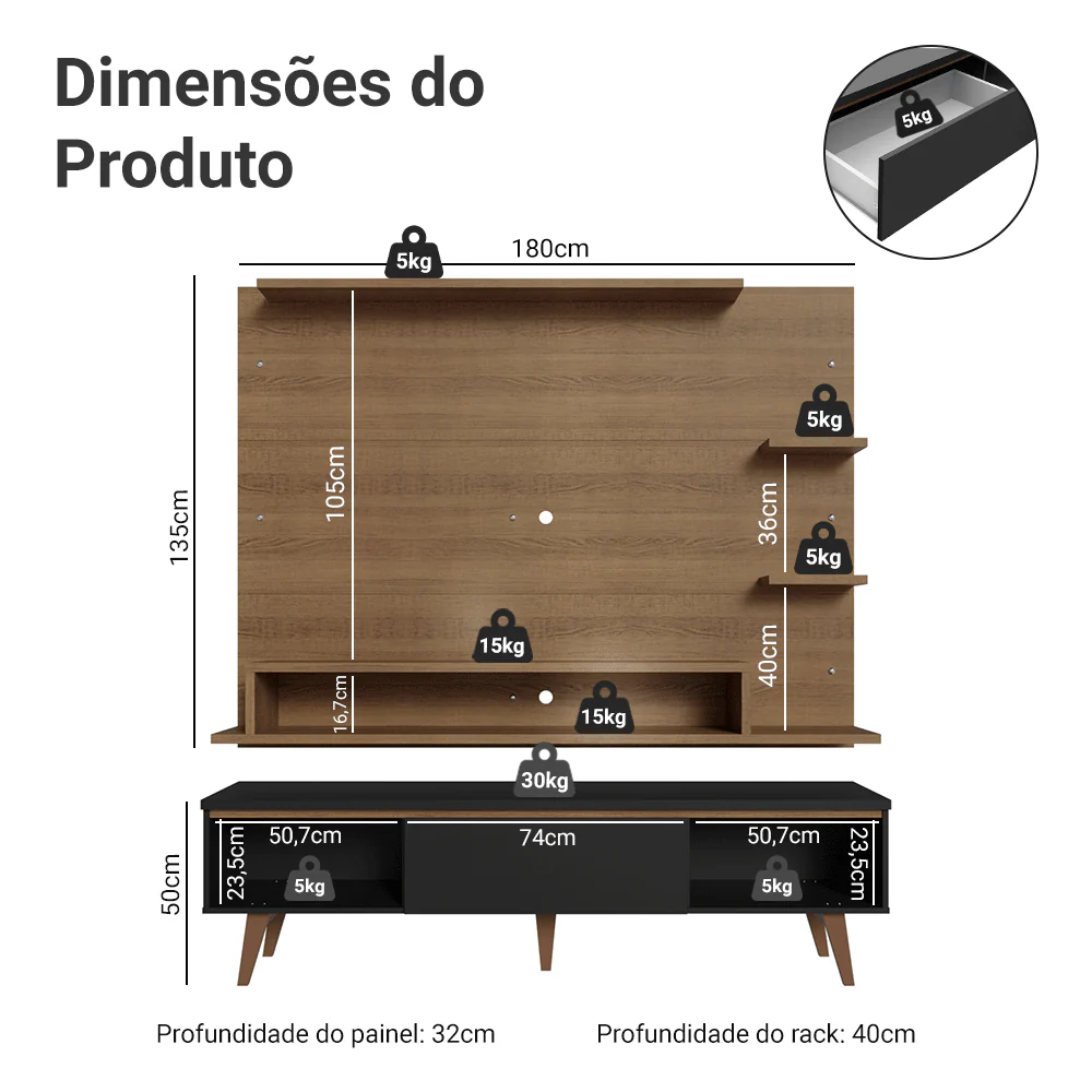 Rack com Painel para TV até 60 Polegadas 180 cm com Pés Rustic/Preto/Rustic Reims Madesa - Image 3