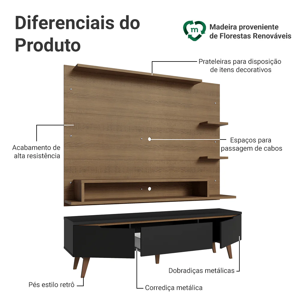 Rack com Painel para TV até 60 Polegadas 180 cm com Pés Rustic/Preto/Rustic Reims Madesa - Image 4