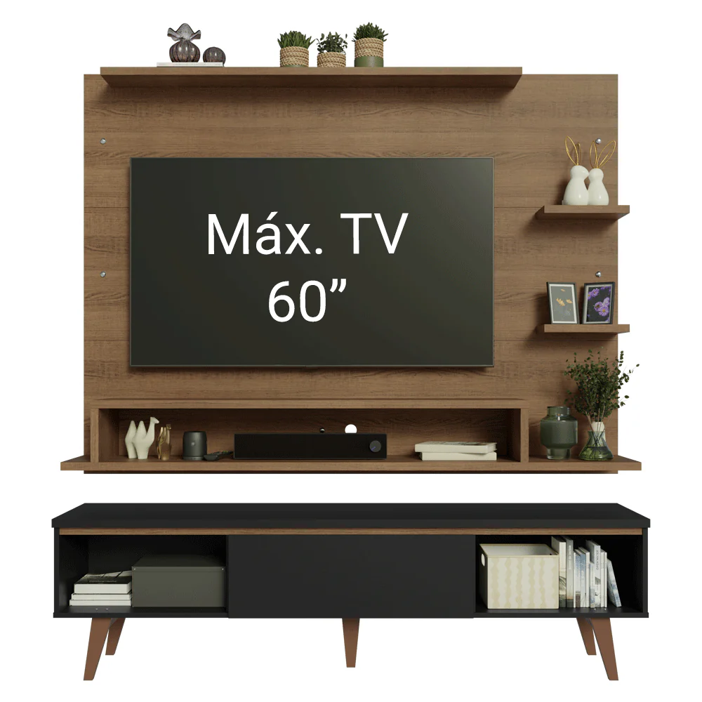 Rack com Painel para TV até 60 Polegadas 180 cm com Pés Rustic/Preto/Rustic Reims Madesa - Image 5