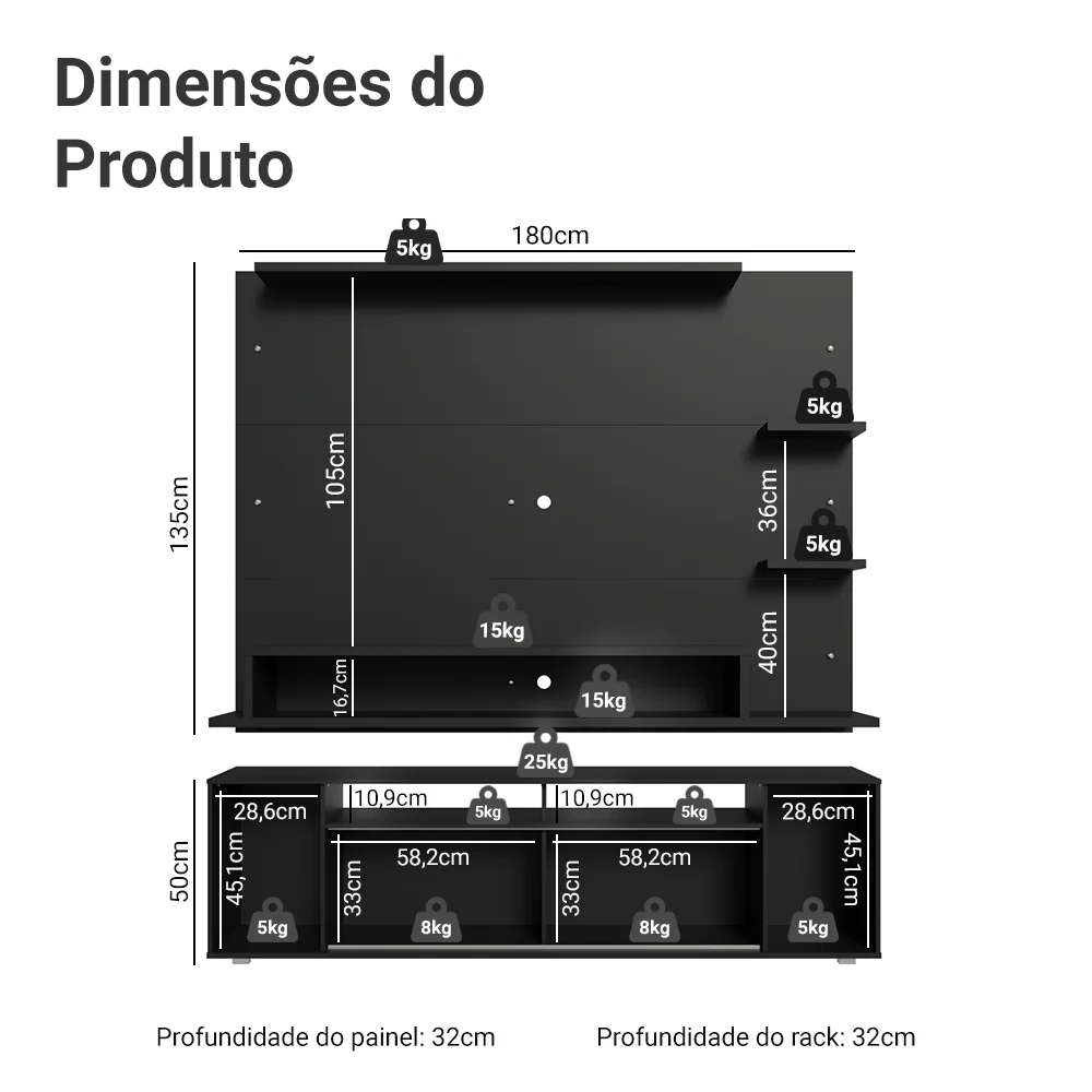 Rack com Painel para TV até 60 Polegadas 180 cm Preto Cancun Madesa - Image 3