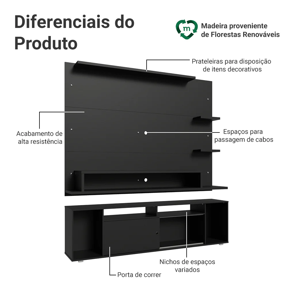 Rack com Painel para TV até 60 Polegadas 180 cm Preto Cancun Madesa - Image 4