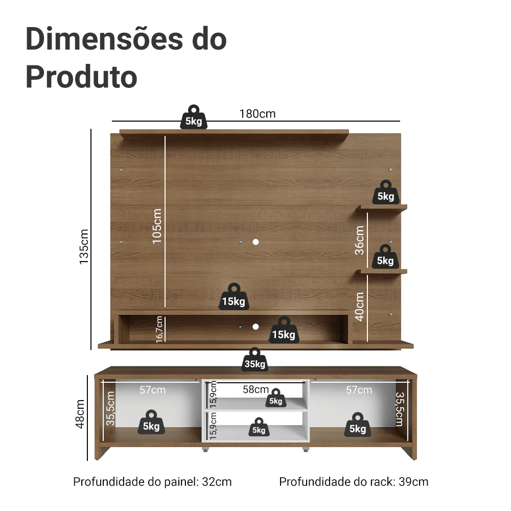 Rack com Painel para TV até 60 Polegadas 180 cm Rustic/Branco Metz Madesa - Image 3