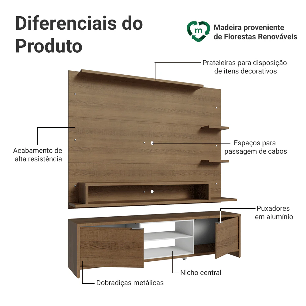 Rack com Painel para TV até 60 Polegadas 180 cm Rustic/Branco Metz Madesa - Image 4