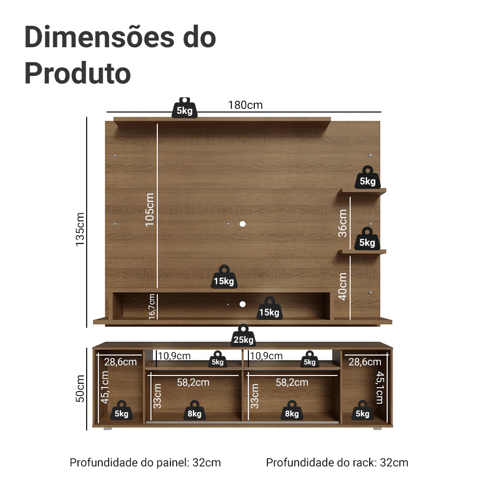 Rack com Painel para TV até 60 Polegadas 180 cm Rustic Cancun Madesa - Image 3