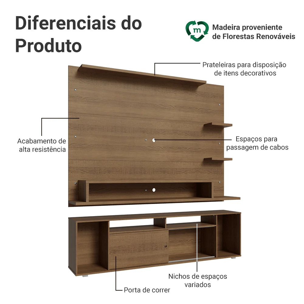 Rack com Painel para TV até 60 Polegadas 180 cm Rustic Cancun Madesa - Image 4