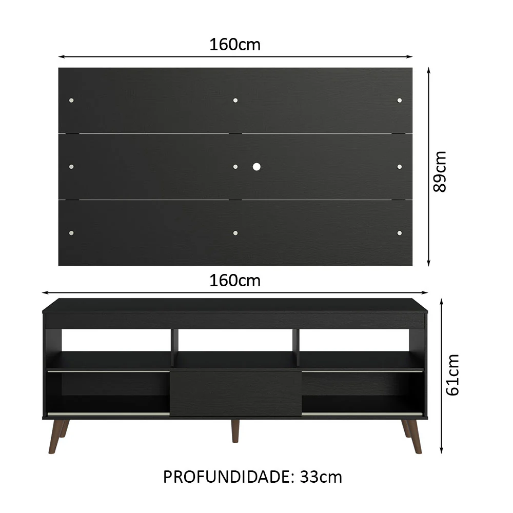 Rack com Painel para TV até 65 Polegadas com Pés Preto Detroit Madesa - Image 3