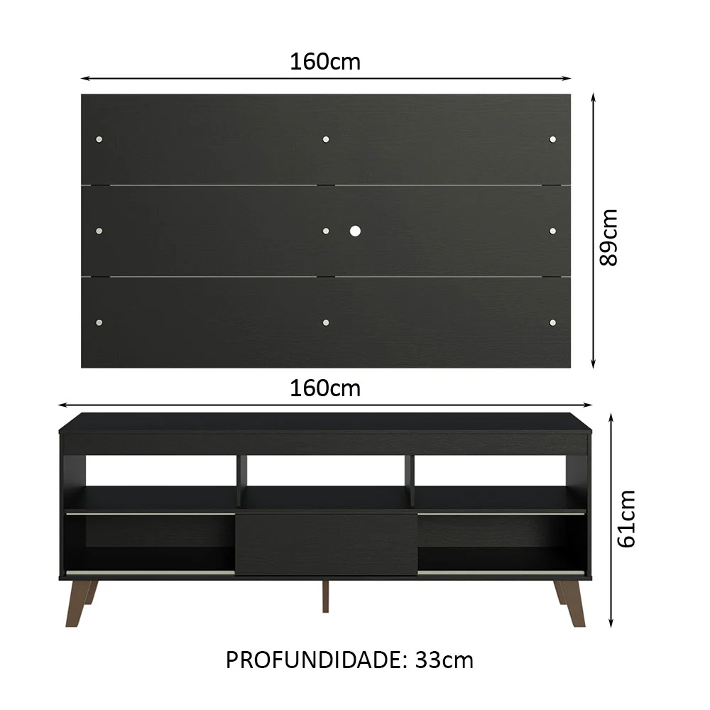 Rack com Painel para TV até 65 Polegadas com Pés Preto Texas Madesa - Image 3