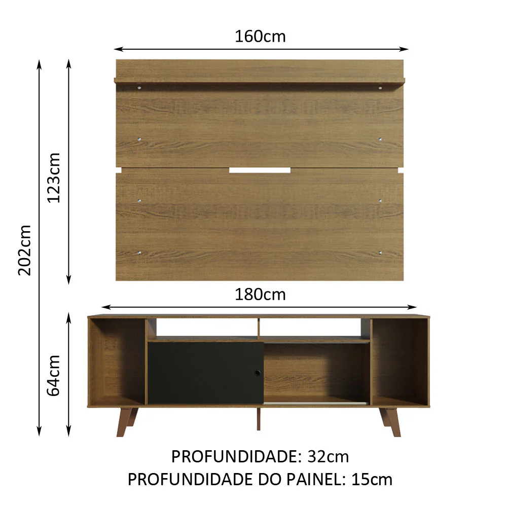 Rack Madesa Cancun com Pés e Painel para TV até 65 Polegadas Rustic/Preto 7K5Z - Image 3