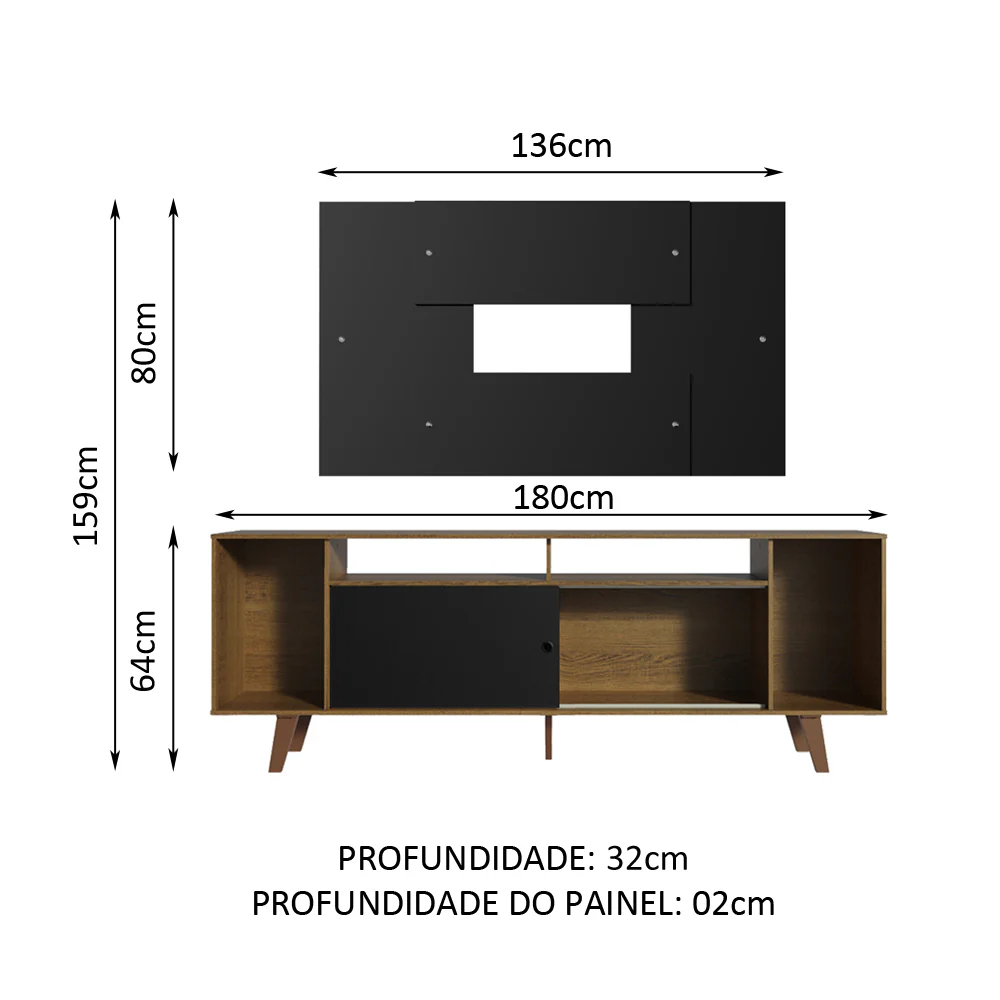 Rack Madesa Cancun com Pés e Painel para TV até 58 Polegadas Preto/Rustic 7KD8 - Image 3