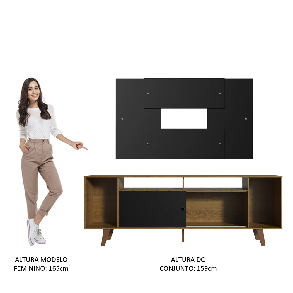 Rack Madesa Cancun com Pés e Painel para TV até 58 Polegadas Preto/Rustic 7KD8 - Image 6