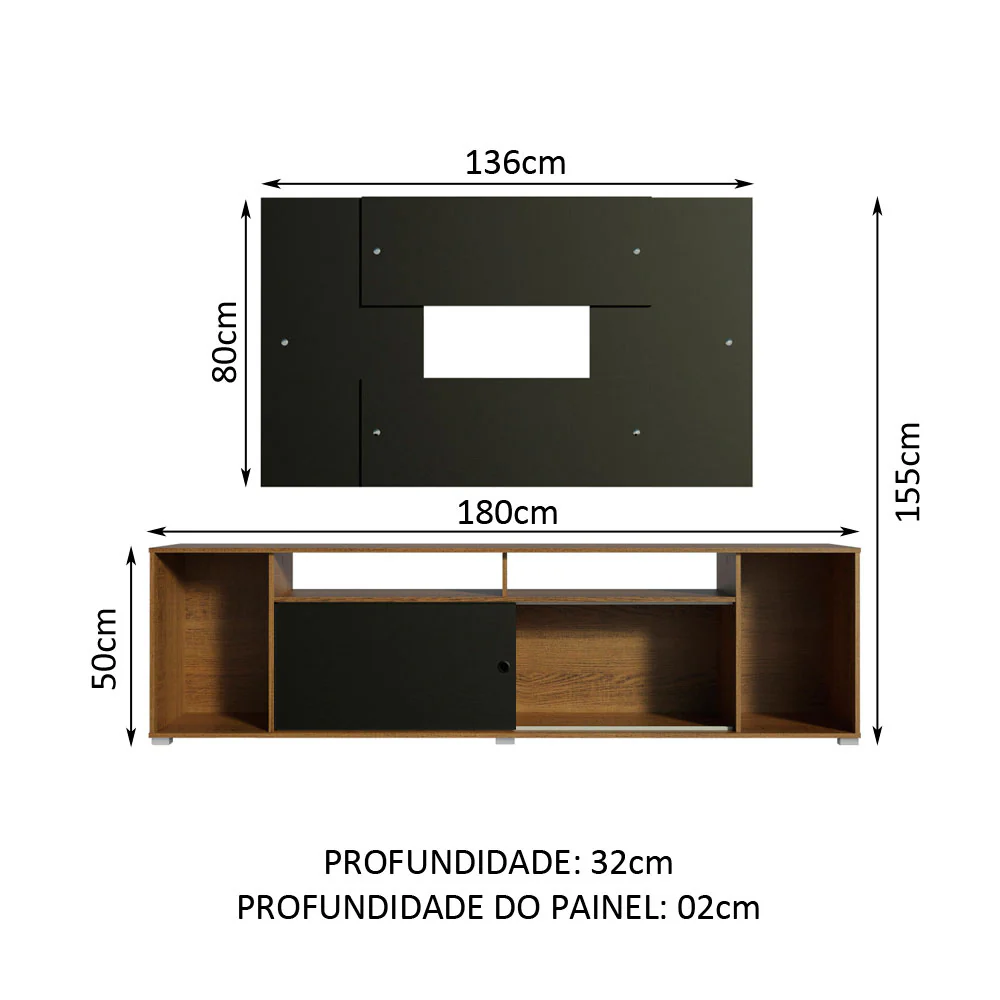 Rack Madesa Cancun e Painel para TV até 58 Polegadas Rustic/Preto 7K8N - Image 3