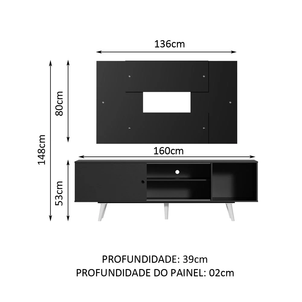 Rack Madesa Dubai com Pés e Painel para TV até 58 Polegadas Preto/Preto 8N77 - Image 3