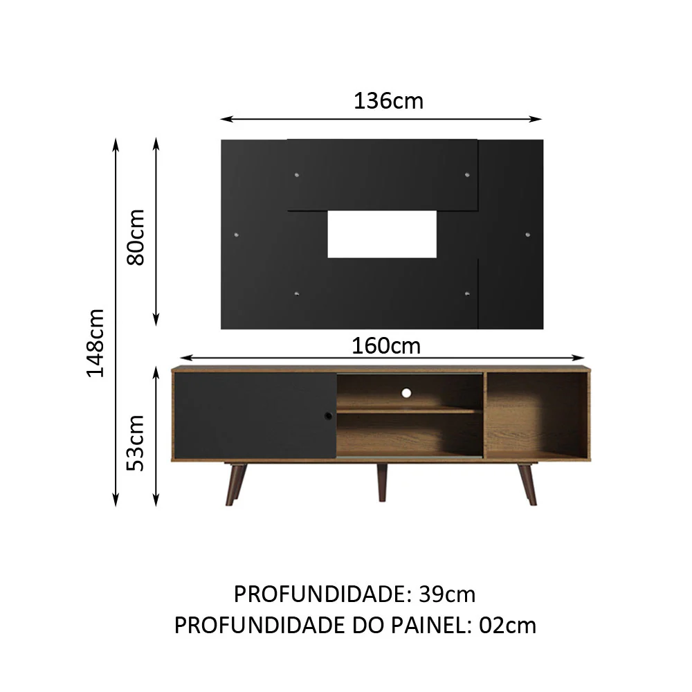 Rack Madesa Dubai com Pés e Painel para TV até 58 Polegadas Rustic/Preto 7KD8 - Image 3