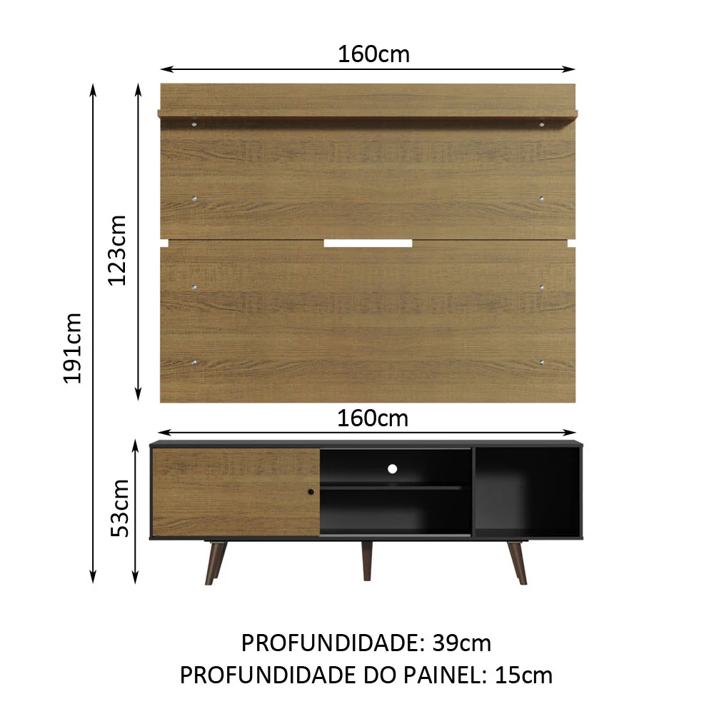 Rack Madesa Dubai e Painel para TV até 65 Polegadas com Pés Preto/Rustic D85Z - Image 3