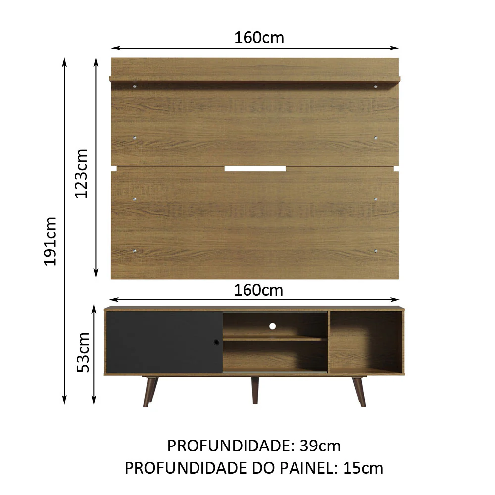 Rack Madesa Dubai e Painel para TV até 65 Polegadas com Pés Rustic/Preto 7K5Z - Image 3