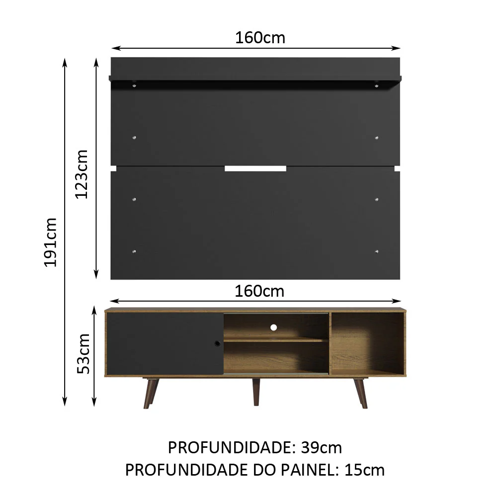 Rack Madesa Dubai e Painel para TV até 65 Polegadas com Pés Rustic/Preto 7KD8 - Image 3
