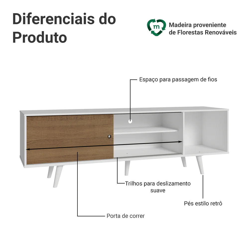 Rack Madesa Dubai para TV até 65 Polegadas com Pés Branco/Rustic 9B09 - Image 4