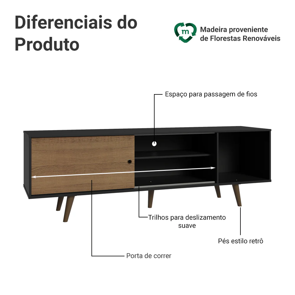 Rack Madesa Dubai para TV até 65 Polegadas com Pés Preto/Rustic D85Z - Image 4