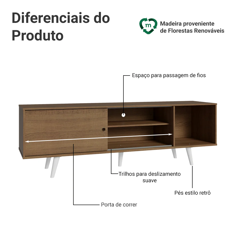 Rack Madesa Dubai para TV até 65 Polegadas com Pés Rustic/Branco 5Z09 - Image 4