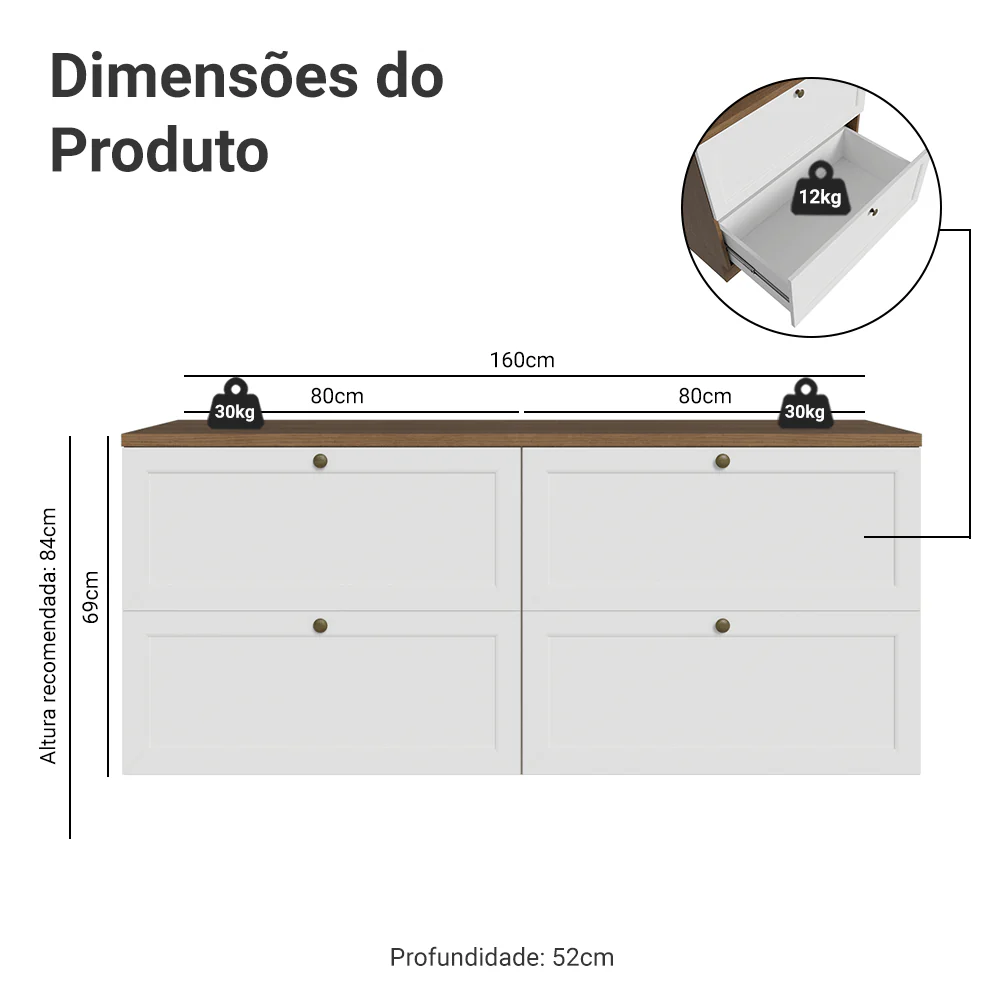Rack para TV até 70 Polegadas 160cm 4 Gavetas Rustic/Branco Vik Madesa 04 - Image 3