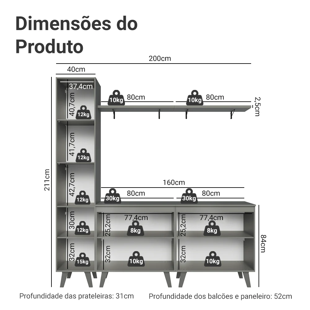 Rack para TV até 70 Polegadas + Prateleira 200cm Cinza Nice Madesa 02 - Image 3