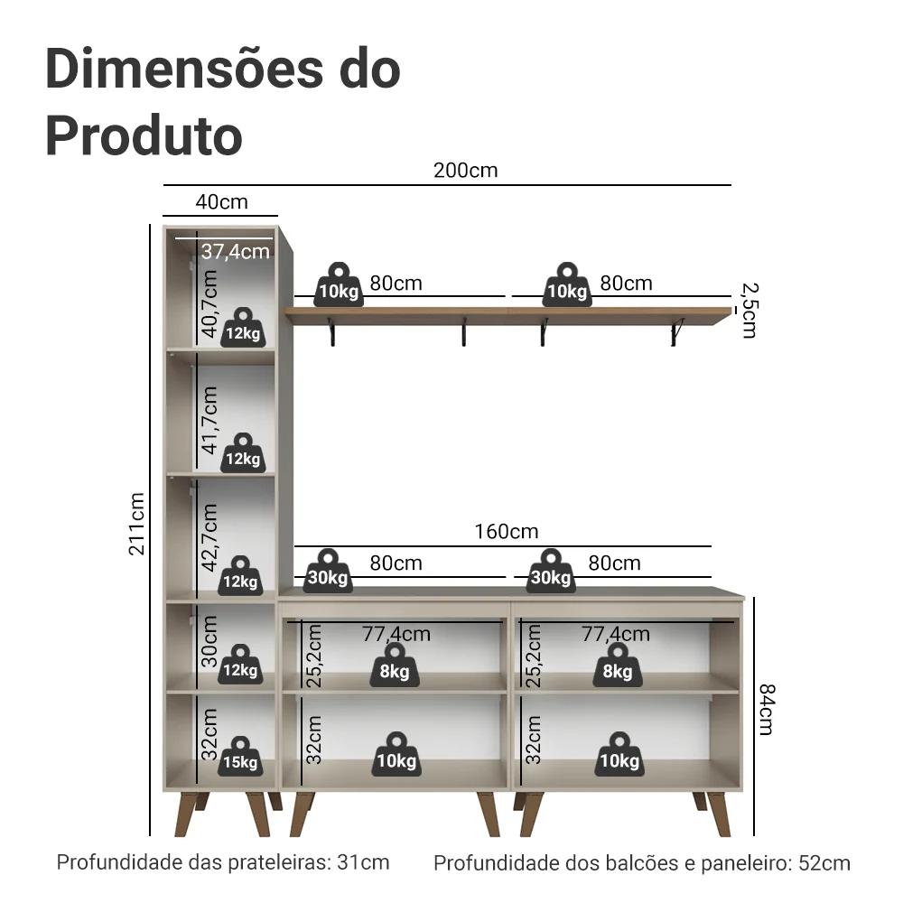 Rack para TV até 70 Polegadas + Prateleira 200cm Crema Nice Madesa 02 - Image 3