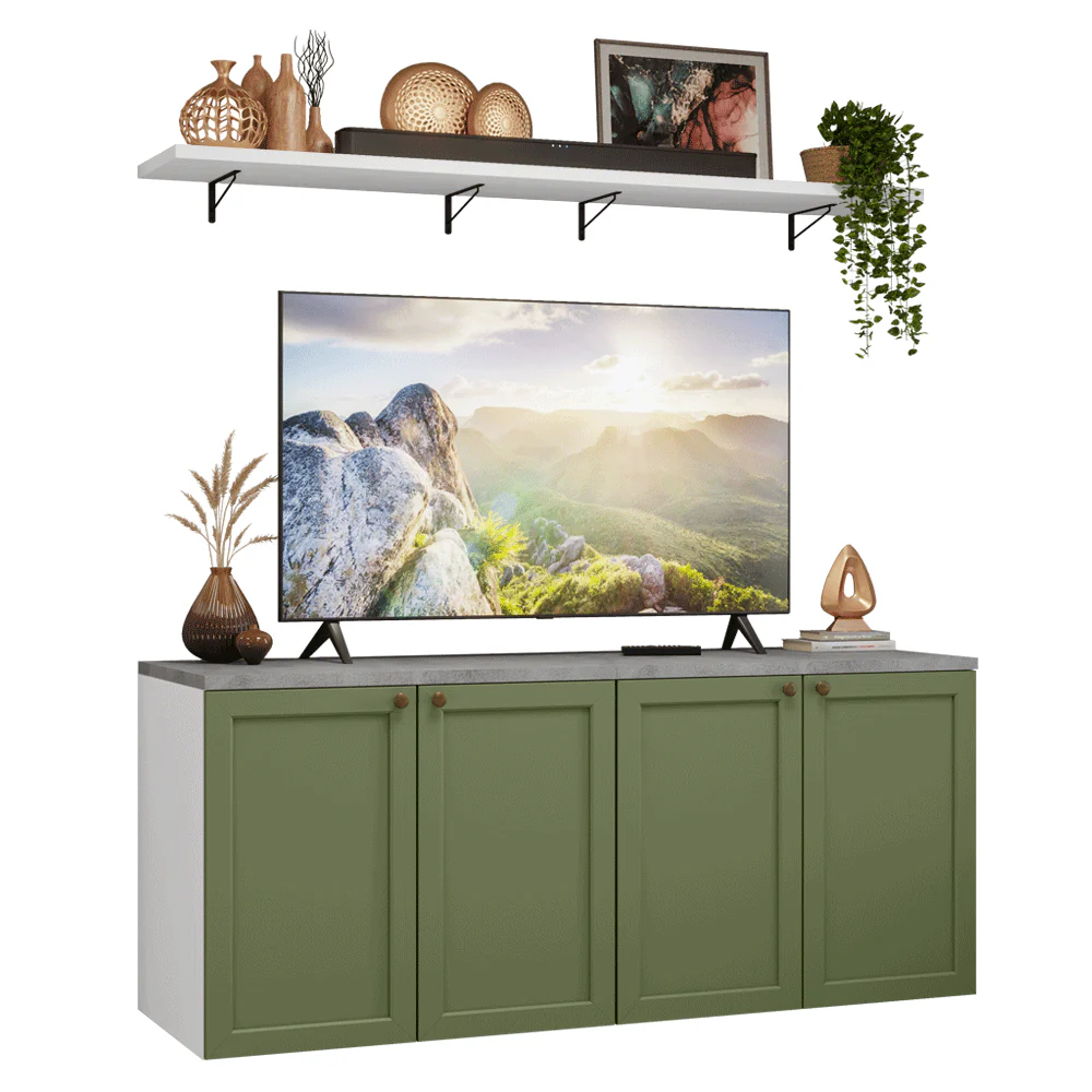 Rack para TV até 70 Polegadas + Prateleiras 160cm Branco/Verde Vik Madesa 05 - Image 2