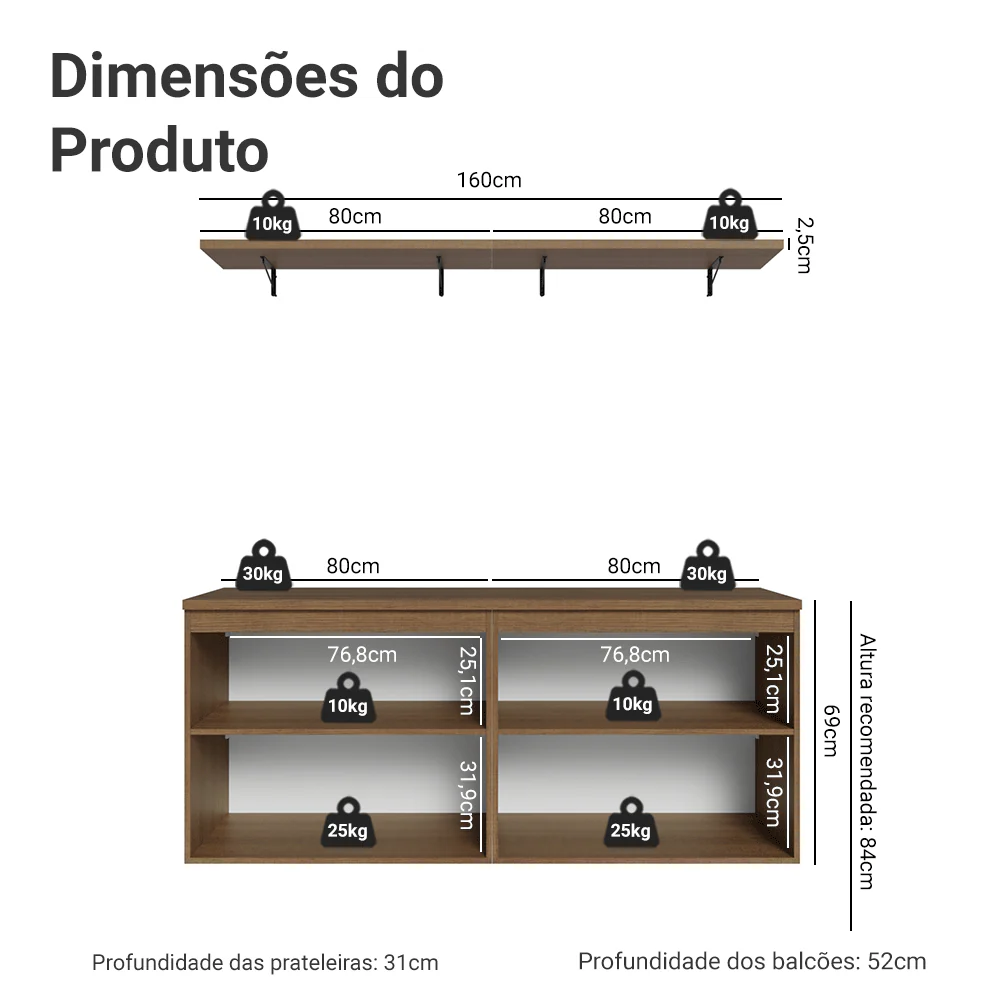 Rack para TV até 70 Polegadas + Prateleiras 160cm Rustic/Branco Vik Madesa 05 - Image 3