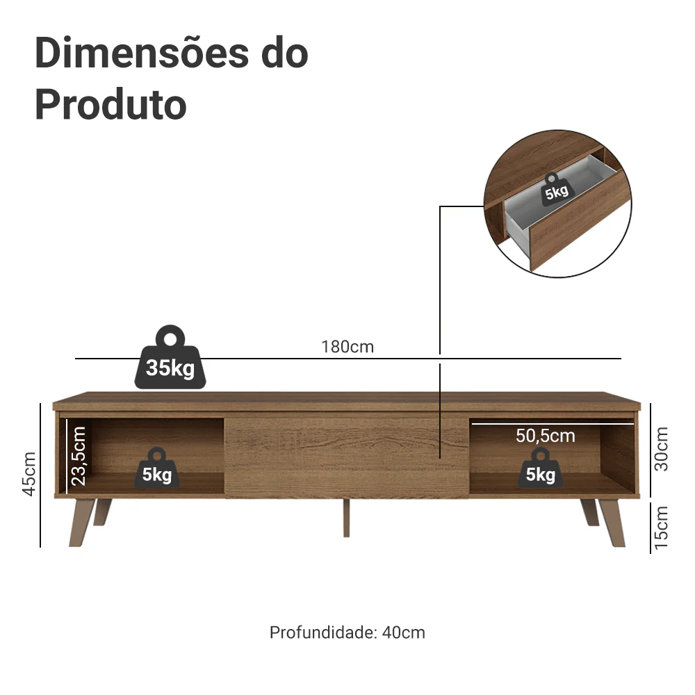 Rack para TV até 75 Polegadas 180 cm 2 Portas 1 Gaveta Rustic Dune Madesa - Image 3