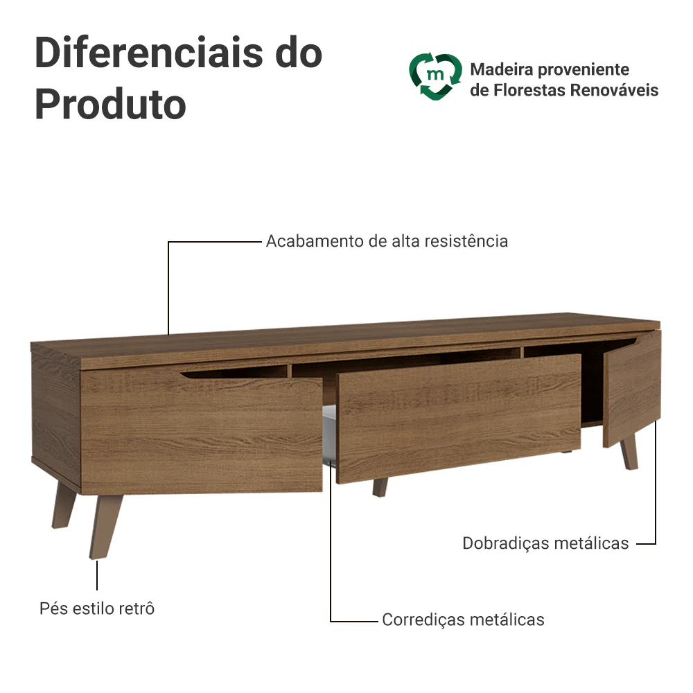 Rack para TV até 75 Polegadas 180 cm 2 Portas 1 Gaveta Rustic Dune Madesa - Image 4