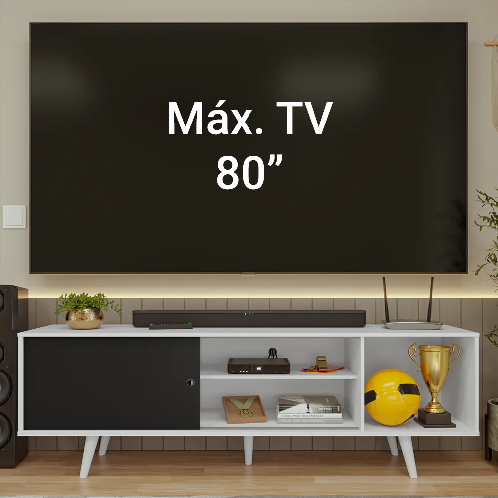 Rack para TV até 80 Polegadas 160cm com Pés Branco/Preto Torino Madesa - Image 5