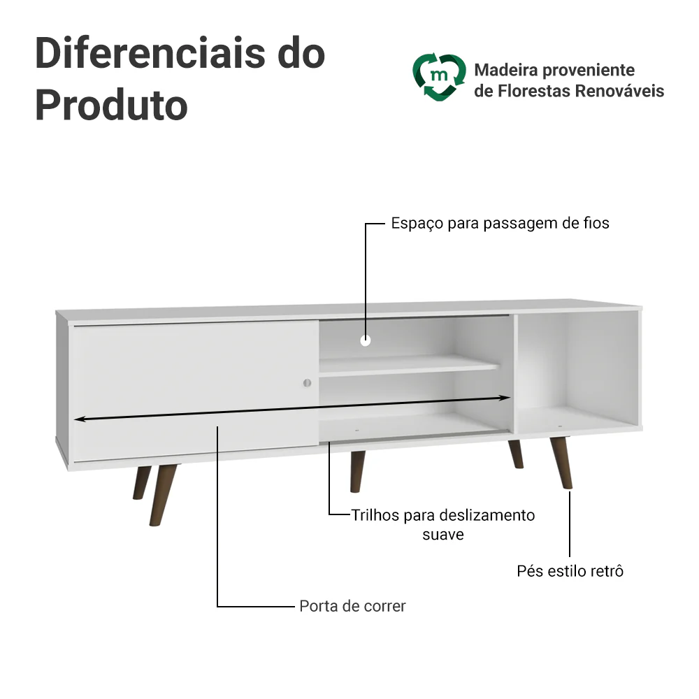 Rack para TV até 80 Polegadas 160cm com Pés Branco/Rustic Torino Madesa - Image 4