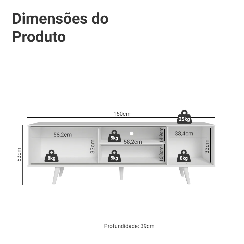 Rack para TV até 80 Polegadas 160cm com Pés Branco Torino Madesa - Image 3