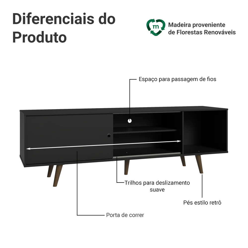Rack para TV até 80 Polegadas 160cm com Pés Preto/Rustic Torino Madesa - Image 4