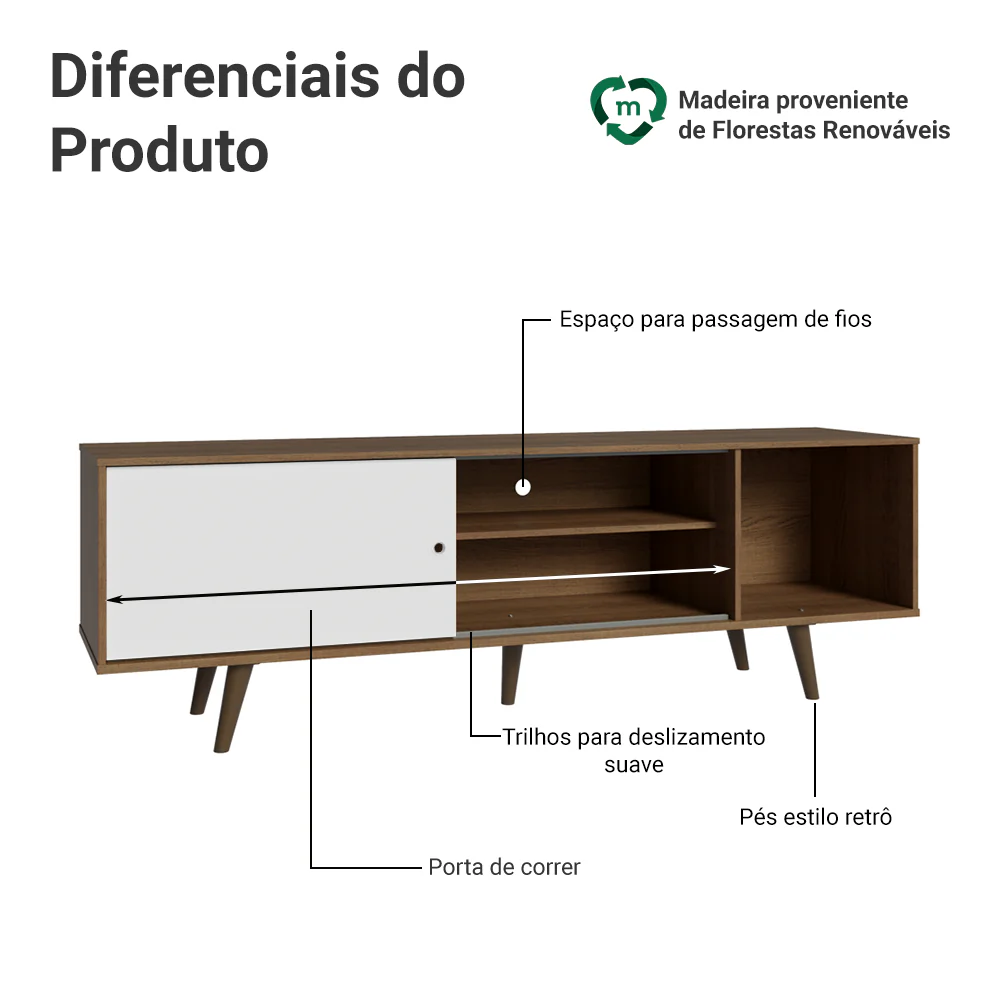 Rack para TV até 80 Polegadas 160cm com Pés Rustic/Branco/Rustic Torino Madesa - Image 4