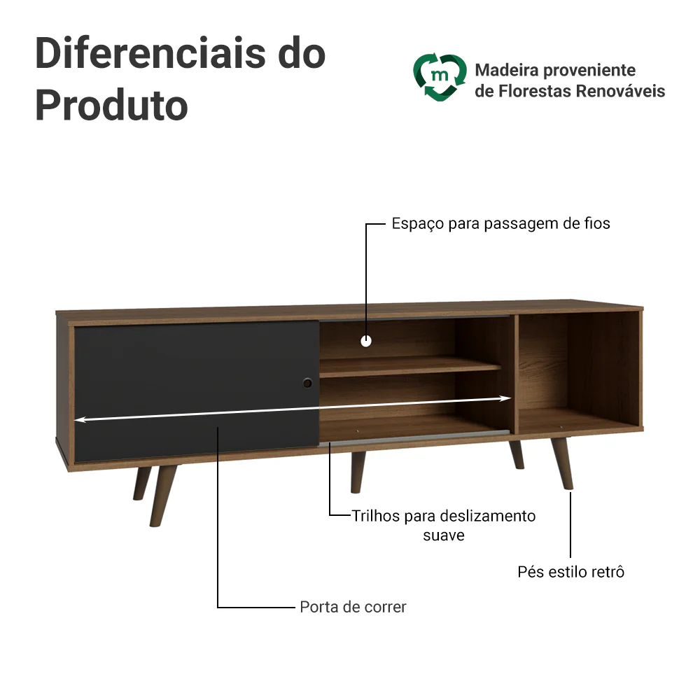 Rack para TV até 80 Polegadas 160cm com Pés Rustic/Preto Torino Madesa - Image 4