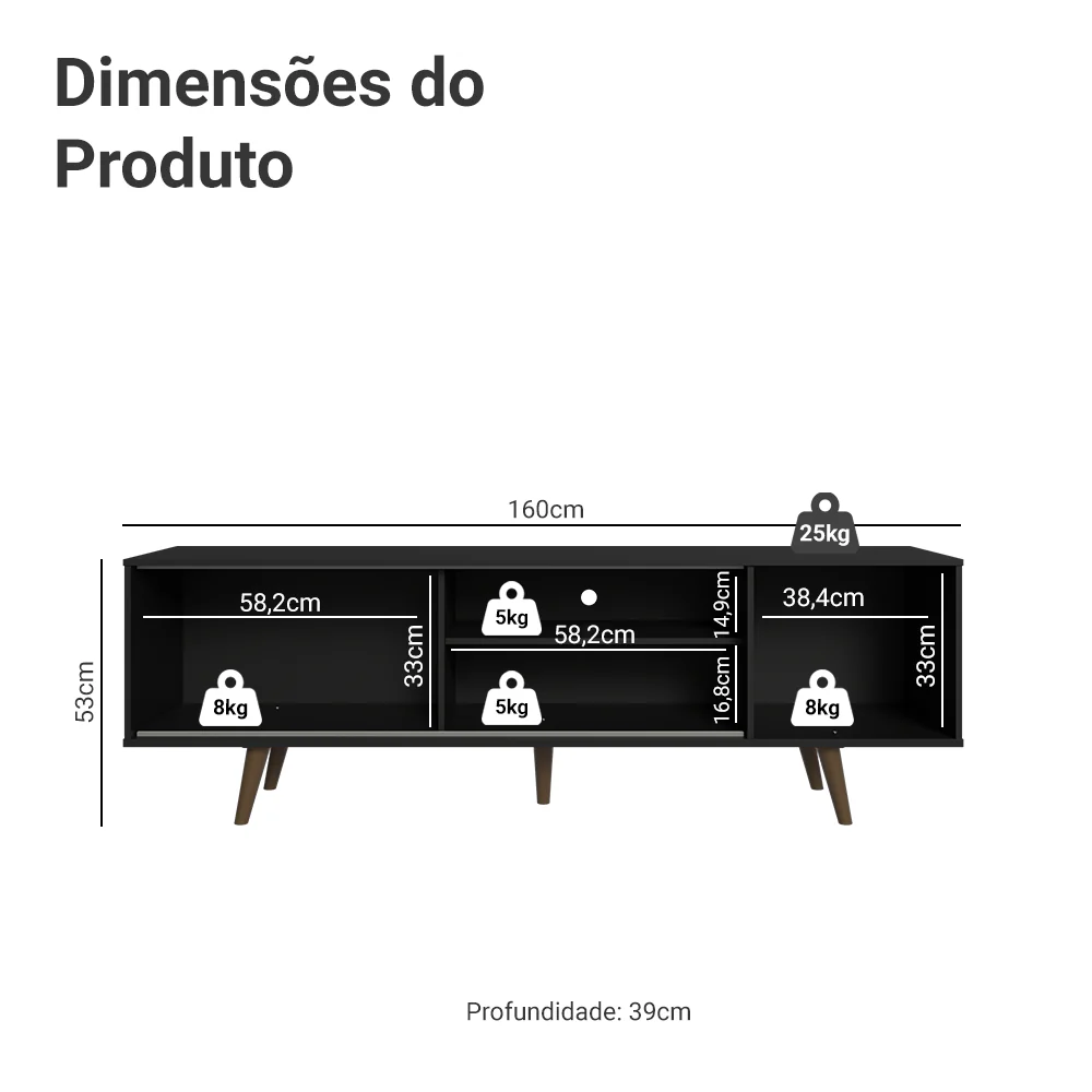 Rack para TV até 80 Polegadas 160cm Preto/Rustic com Pés Rustic Torino Madesa - Image 3