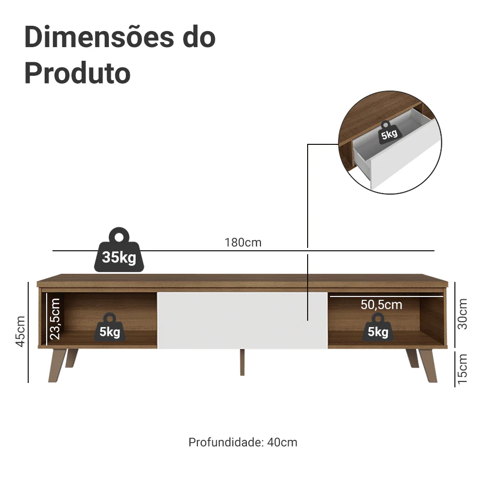 Rack para TV até 80 Polegadas 180 cm 2 Portas 1 Gaveta Rustic/Branco Nilo Madesa - Image 3